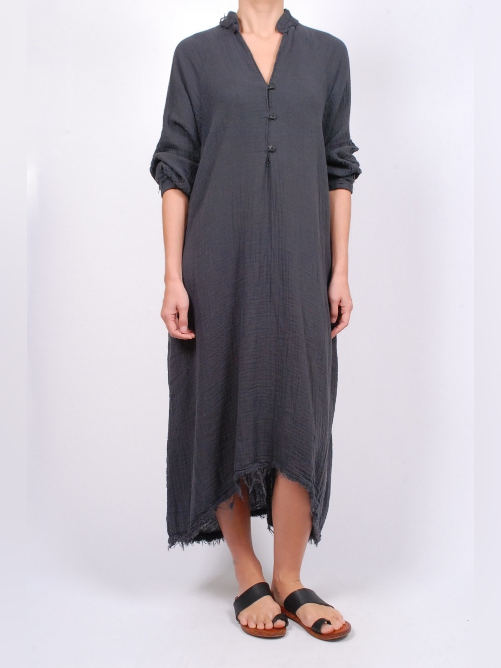 Black Crane Double Gauze Cotton Oversized Raw Edge Dress Dark Grey - Small